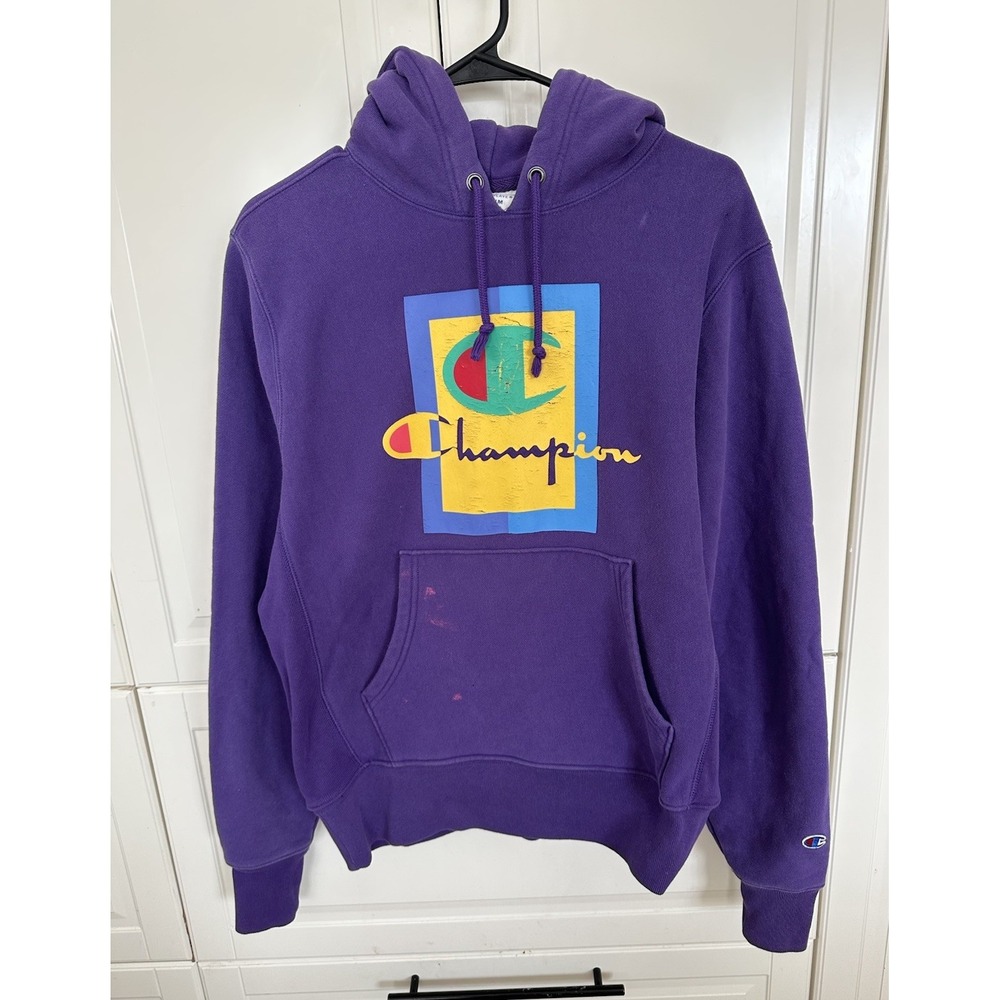 Champion Hoodie Mens Mediu Purple Pullover Sweatshirt Reverse Weave Preppy Logo